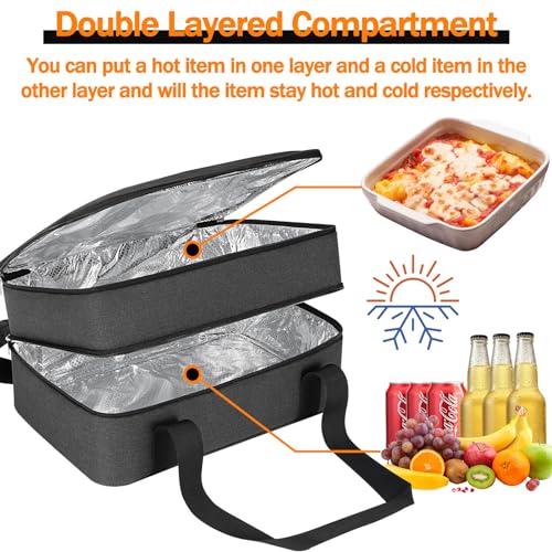 ASXSONN Double Decker Insulated Casserole Carrier for Hot or Cold Food, Collapsible Large Insulated Hot Food Carrier, Lasagna Holder for Potlucks, Dinners, Picnic, Fits 9"x13" Baking Dish