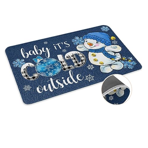 Christmas Snowman Doormat Baby It's Cold Outside Decorative Door Mats Welcome Mat Snowflake Blue Seasonal Winter Christmas Holiday Entrance Floor Mat Non Slip Rubber Mat for Indoor Outdoor 24x32