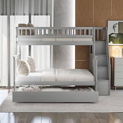 ATY Upgraded Full Bunk Bed with Trundle, Solid Wood Twin Over Size with Storage & Guard Rail and More Slats, for Kids and Teenagers, Dark Grey