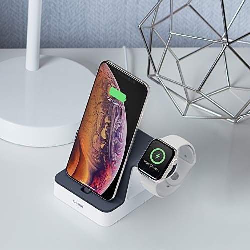 Belkin F8J237ttWHT iPhone Charging Dock + Apple Watch Charging Stand (PowerHouse iPhone Charging Station) iPhone Dock, Apple Watch Dock, Apple Charging Station (White)