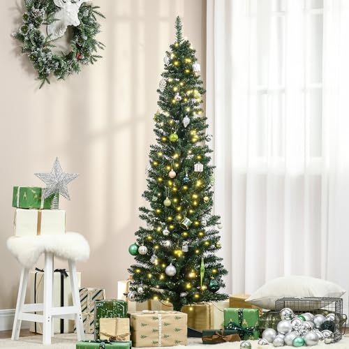 HOMCOM 6' Tall Pre-Lit Slim Noble Fir Artificial Christmas Tree with Realistic Branches, 200 Warm White LED Lights and 390 Tips, Green