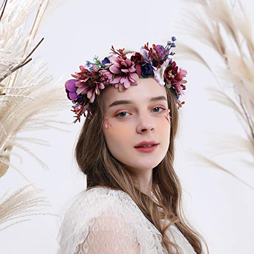 Floral Halo Boho Flower Headband Floral Crown Headpiece Hair Wreath with Ribbon Wedding Party Prom Photos Festival Purple by Vivivalue