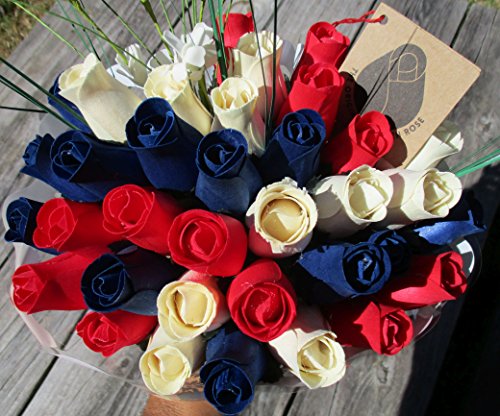 Patriotic Holiday Flowers RED, White, and Blue The Original Wooden Rose Fourth of July Memorial Day Presidents Day (3 Dozen)