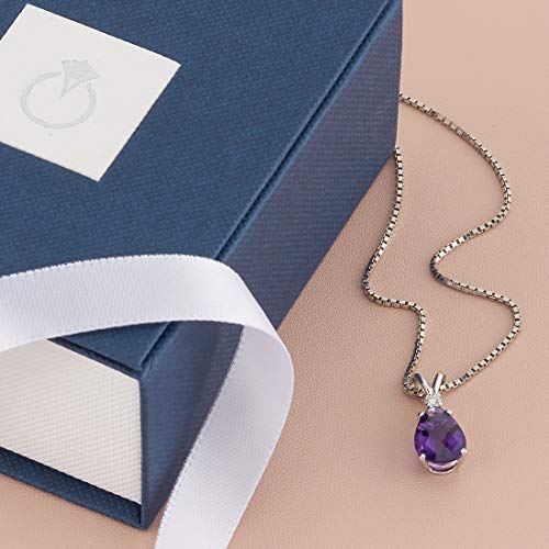 Peora Amethyst with Genuine Diamond Pendant in 14K White Gold, Elegant Teardrop Solitaire, Pear Shape, 10x7mm, 1.60 Carats total