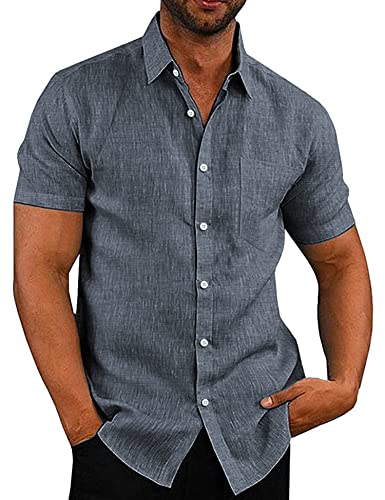 COOFANDY Mens Shirt Casual Linen Button Down Beach, Gray& Blue, Large, Short Sleeve