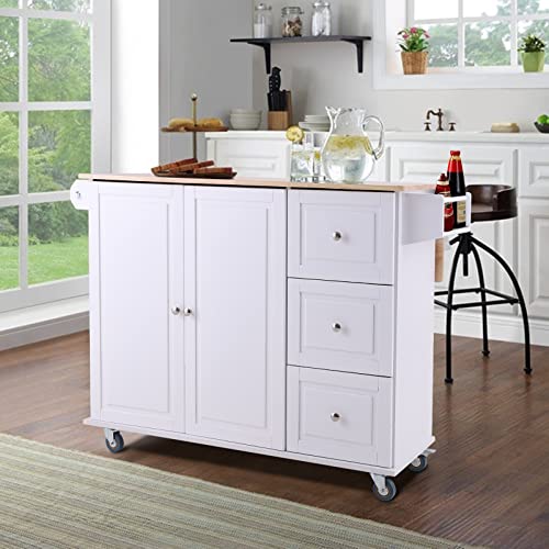 Sophia & William Kitchen Island Cart on Wheels with Drop-Leaf and Rubber Wood Top, Rolling Kitchen Trolley with 2-Door Storage Cabinet, 3 Drawers, Towel and Spice Rack, White