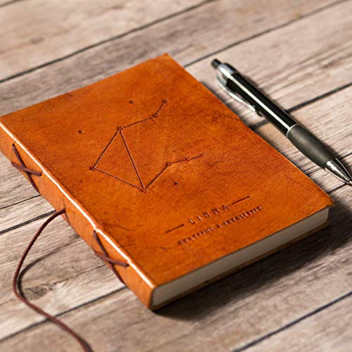 Soothi Zodiac Handmade Antique Leather Journal for Travel or Diary, Unlined, Libra, 7''x5''