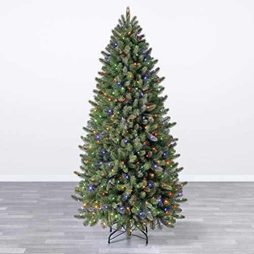 Evergreen Classics 6.5 ft Pre-Lit Vermont Spruce Quick Set Artificial Christmas Tree, Remote-Controlled Color-Changing LED Lights