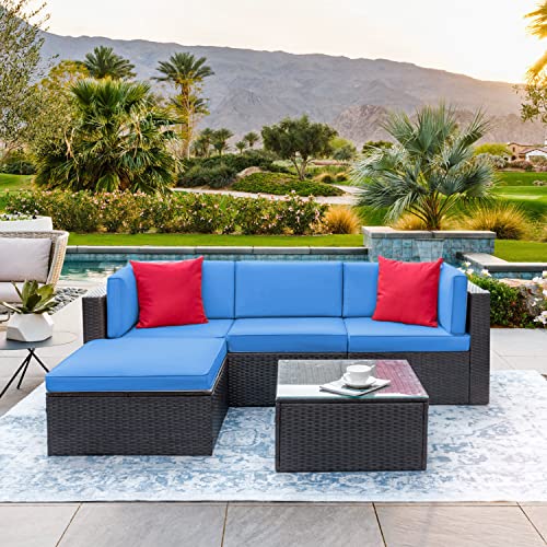 Greesum 5 Pieces Patio Furniture Outdoor Sectional Sofa Wicker Rattan Conversation Set with Cushion and Glass Table, Brown and Blue