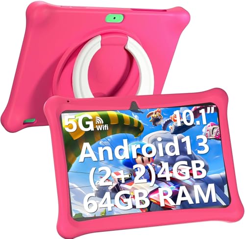 Android 13 Kids Tablet, 10 Inch Tablet for Kids with Kids Case, (2+2) 4GB RAM 64GB ROM Tablets, 1280 * 800 Display, 5000mAh, KIDOZ Pre-Installed Toddlers Tablet,Parental Control(Pink)