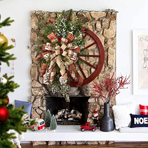 Winter Wreath-Farmhouse Wagon Wheel Red Wagon Wheel Wreath Vintage Farmhouse Wreath Christmas Wreath for Front Door Holiday Wreath Winter Decorative Wreath (Red)