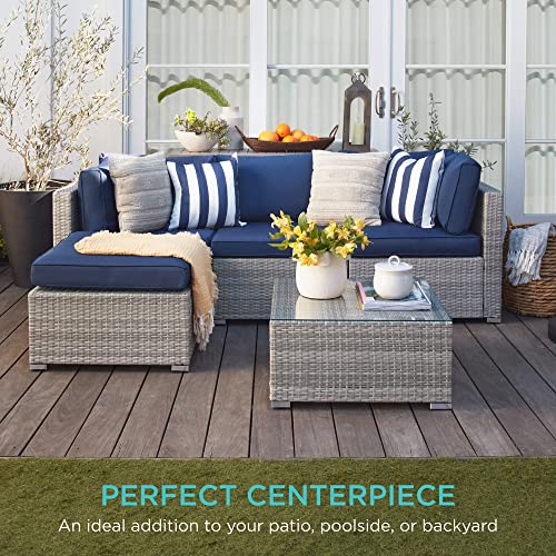 Best Choice Products 5-Piece Modular Conversation Set, Outdoor Sectional Wicker Furniture for Patio, Backyard, Garden w/ 3 Chairs, Ottoman Chair, 2 Pillows, 6 Seat Clips, Coffee Table - Gray/Navy