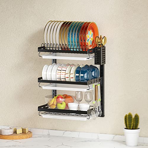 PUSDON Wall Mounted Dish Drying Rack, 3 Tier Stainless Steel Hanging Dish Drainer with Cutlery Holder, Drainboard and Hooks, Fruit Vegetable Kitchen Supplies Plates Bowls Cups Storage Shelf, Black