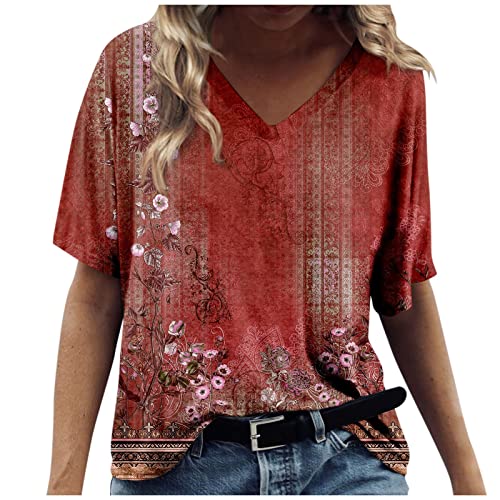 Tops for Women Sexy Casual, Oversized T Shirts for Women Half Sleeve Tops for Women Women's Fashion Casual Print V-Neck Short Sleeves Printed T-Shirt 90S T Shirt Western Shirts (Red,3X-Large)