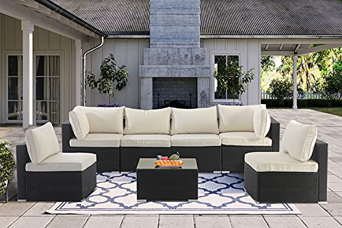 LAUSAINT HOME 7 Pieces Patio Furniture Sets, Luxury Outdoor All Weather PE Rattan Wicker Lawn Conversation Sets, Garden Sofa Set with Coffee Table and Couch Cushions for Backyard, Pool (Beige-7PCS)