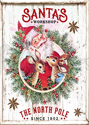 QISPIOD Santa's Workshop Sign Retro Santa Sign Retro Christmas Wreath Funny Christmas Metal Tin Sign Decor Iron Painting Wall Art for Home Coffee Shop Retro Wall Decor Reindeer Poster 8x12 Inch