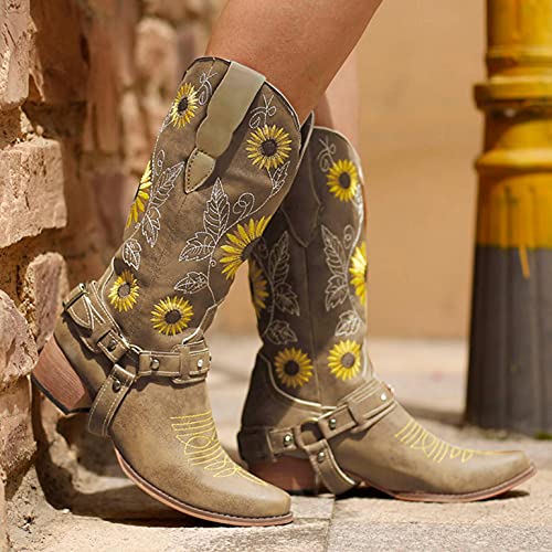 Hbeylia Sunflower Western Cowboy Boots For Women Flower Embroidered Ethnic Boho Vintage Leather Pointed Toe Chunky Block Mid Heels Wide Mid Calf Cowgirls Boots Retro Hawaii Slip On Dress Short Boots