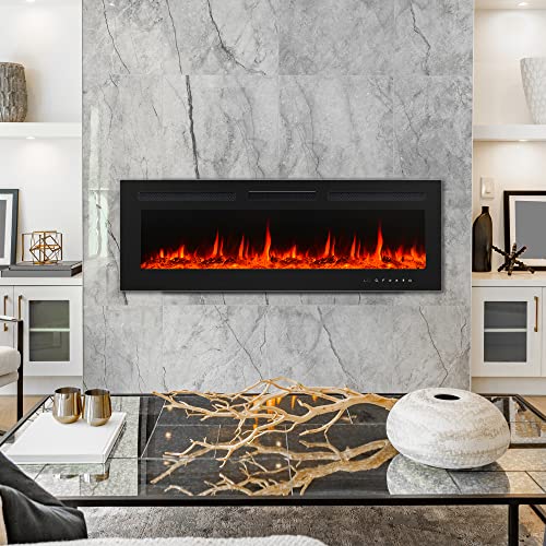 BETELNUT 50" Electric Fireplace Wall Mounted and Recessed with Remote Control, 750/1500W Ultra-Thin Wall Fireplace Heater W/ Timer Adjustable Flame Color and Brightness, Log Set & Crystal Options