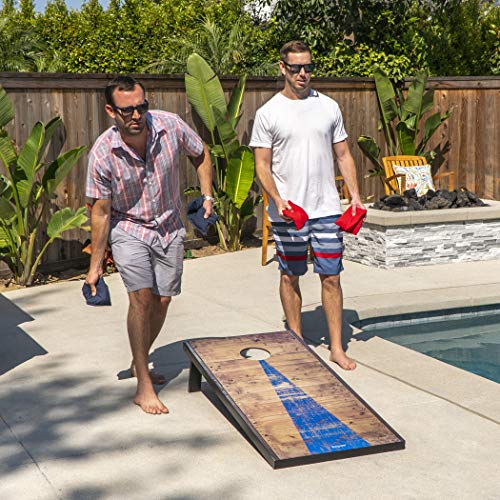 GoSports 4x2feet Classic Cornhole Set with Rustic Wood Finish | Includes 8 Bags, Carry Case and Rules, Red/Blue