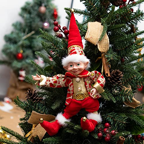 Yimiyaa 12" ELF BOY,Fairy Christmas Tree Decorations,Handmade Elf Ornament,Golden Elves Home Decor,Holiday Collectible Figurines(Red/Gold)