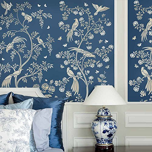 Birds and Roses Chinoiserie Wall Mural Stencil - Wall Painting Stencils for Easy Room Makeover – Large Stencil for Painting Walls – Stenciling Instead of Wallpaper Saves Money - (Large)