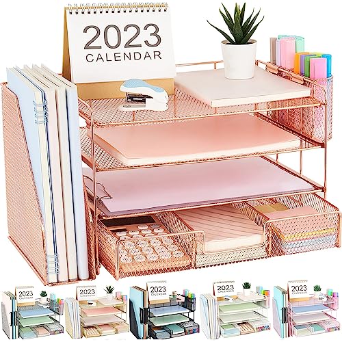 gianotter Paper Letter Tray Organizer with File Holder, 4-Tier Desk Accessories & Workspace Desk Organizers with Drawer and 2 Pen Holder for Office Supplies (Rose Gold)