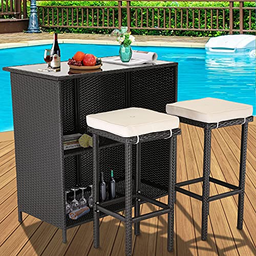 Furnimy Outdoor Patio Bar Furniture Outdoor Bar Table and Chair Set 3 Pieces Patio Bar Set PE Wicker Patio Furniture Outdoor Bar Set, 2 Outdoor Bar Stools and 1 Outdoor Table (White)