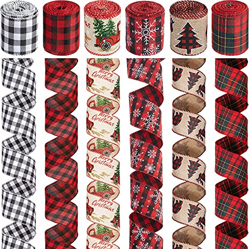 Boao 6 Rolls Christmas Wired Ribbons 2.5 Inch x 24 Yards Buffalo Red White Black Plaid Ribbons Vintage Truck Trees Glittered Snowflake Wired Edge Ribbon for Christmas DIY Wrapping Wedding Floral Craft