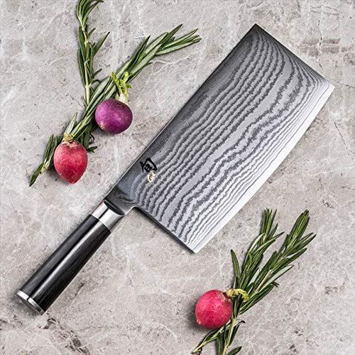 Shun Classic 7 Inch Cleaver Ebony PakkaWood Handle and VG-MAX Damascus Clad, Blade Steel Ultimate Tool for Chopping or Slicing Vegetables, DM0712, Silver