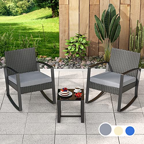 AIHO Porch Furniture Sets with Cushion Outdoor Chair Set 3 Pieces Wicker Patio Set Outdoor Rocking Bistro Patio Set with Glass Table Modern Bistro Set for Porches and Patios(Dark Grey Rattan)