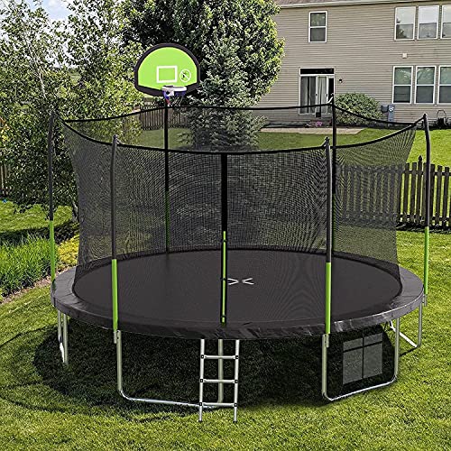 AOTOB 14FT Trampoline with Safety Enclosure Net，Outdoor Trampoline with Basketball Hoop, Heavy Duty Jumping Mat and Spring Cover Padding for Kids and Adults, Storage Bag and Ladder