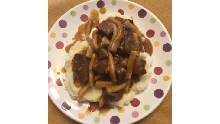 Beef & Noodles over Mashed Potatoes