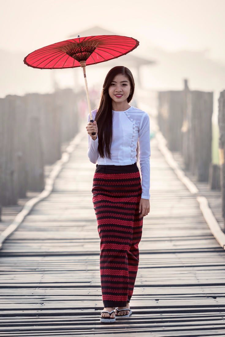 White Long Sleeved Shirt with Red & Black Striped Long Skirt