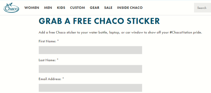 screenshot of chaco free sticker form