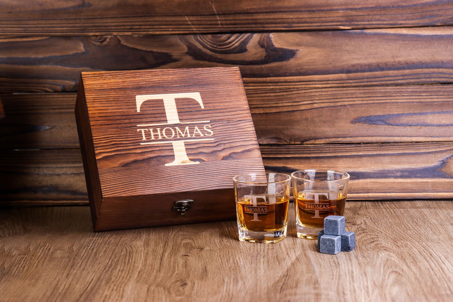 Personalized Whiskey Glass Set with Wooden Box