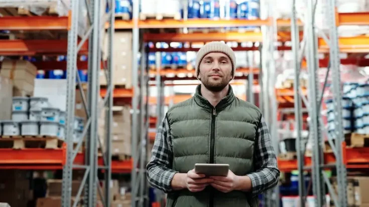 A man in a beanie and vest appearing to work in a warehouse