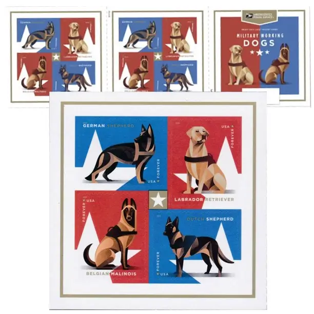 Military Working Dogs 1 Sheet of 20 USPS First Class Forever Postage Stamps Pet Flag Patriotism Wedding Celebration