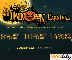 Modlily Halloween Carnival Starts: 8% off $59; 10% off $89; 14% off $119!