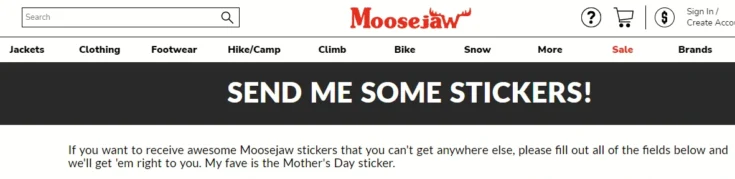 screenshot of free stickers by mail page of Moosejaw