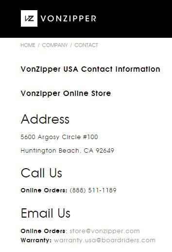 Screenshot of Von Zipper contact information